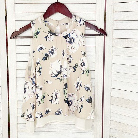 Astr the Label Floral Chiffon Layered Split Black Crop Blouse Blush XS - Picture 9 of 14